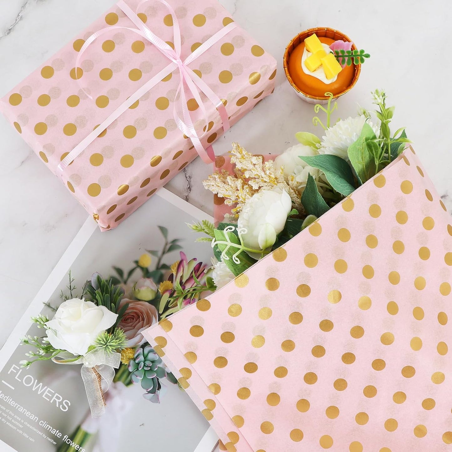 BEISHIDA Pink and Gold Tissue Paper Bulk, Polka Dot Wrapping Tissue Paper for Gift Bags, 14 x 20 Inch Gift Wrap for Christmas Birthday Wedding Graduation DIY Crafts Holiday Flowers,50 Sheets