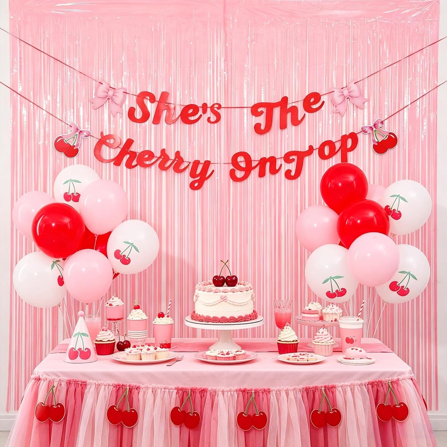 21pcs She's the Cherry on Top Baby Shower, She's the Cherry on Top Backdrop, Pink Birthday Party Decorations, Fringe Curtains with Bow Banner and Cherry Balloons, Girls Birthday Decoration