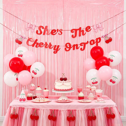 21pcs She's the Cherry on Top Baby Shower, She's the Cherry on Top Backdrop, Pink Birthday Party Decorations, Fringe Curtains with Bow Banner and Cherry Balloons, Girls Birthday Decoration