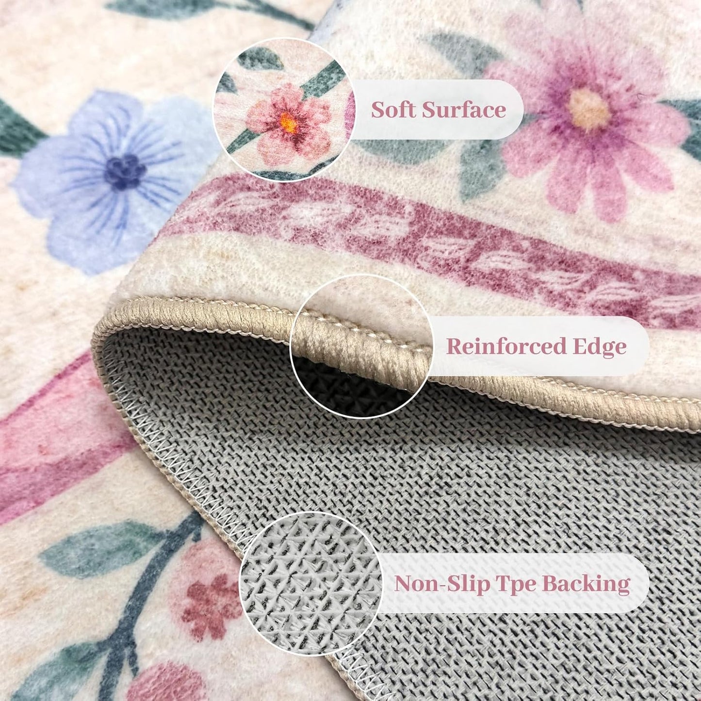 Coquette Pink Bow Rug 5x7, Washable Floral Area Rug for Girls Bedroom & Nursery, Soft Low Pile Non Slip Carpet for Kids Room, Dorm, Playroom, Living Room