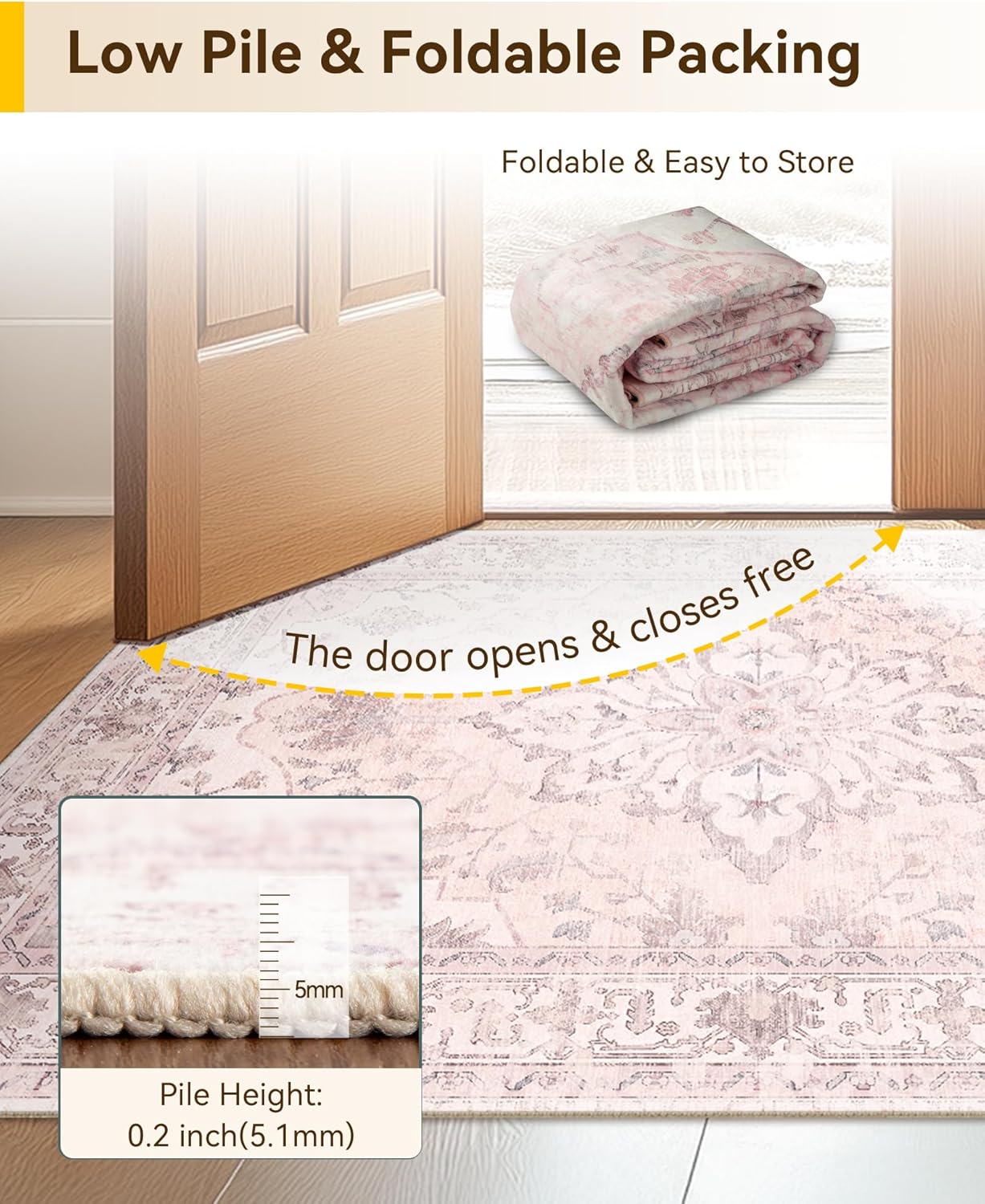 RELEANY Area Rugs Small 2'x3' Washable Non-Slip, Floral Vintage Distress Medallion Carpet for Kitchen Entryway Bathroom, Pink Greypink Cute