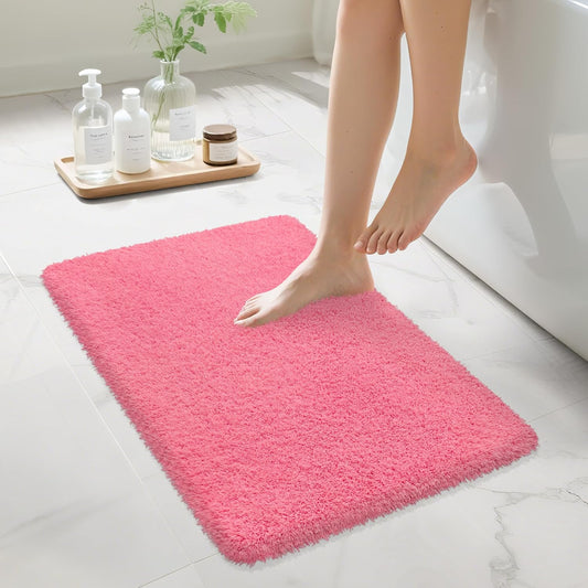 Bathroom Rugs Non Slip 24"x16", Absorbent Bath Mats Quick Dry, Shaggy Microfiber Bath Rugs, Extra Soft Plush, Machine Washable Bath Mats for Bathroom Floor, Tub and Shower, Pink