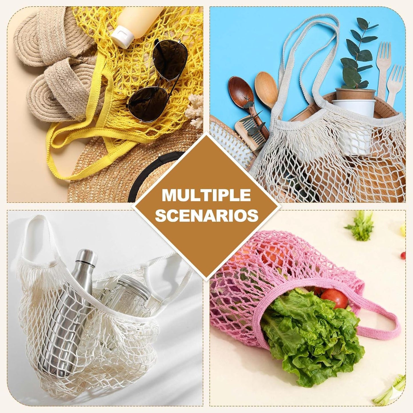 uxcell Reusable Mesh Produce Storage Bags Washable Net Portable Bag Cotton String with Long Handle for Shopping
