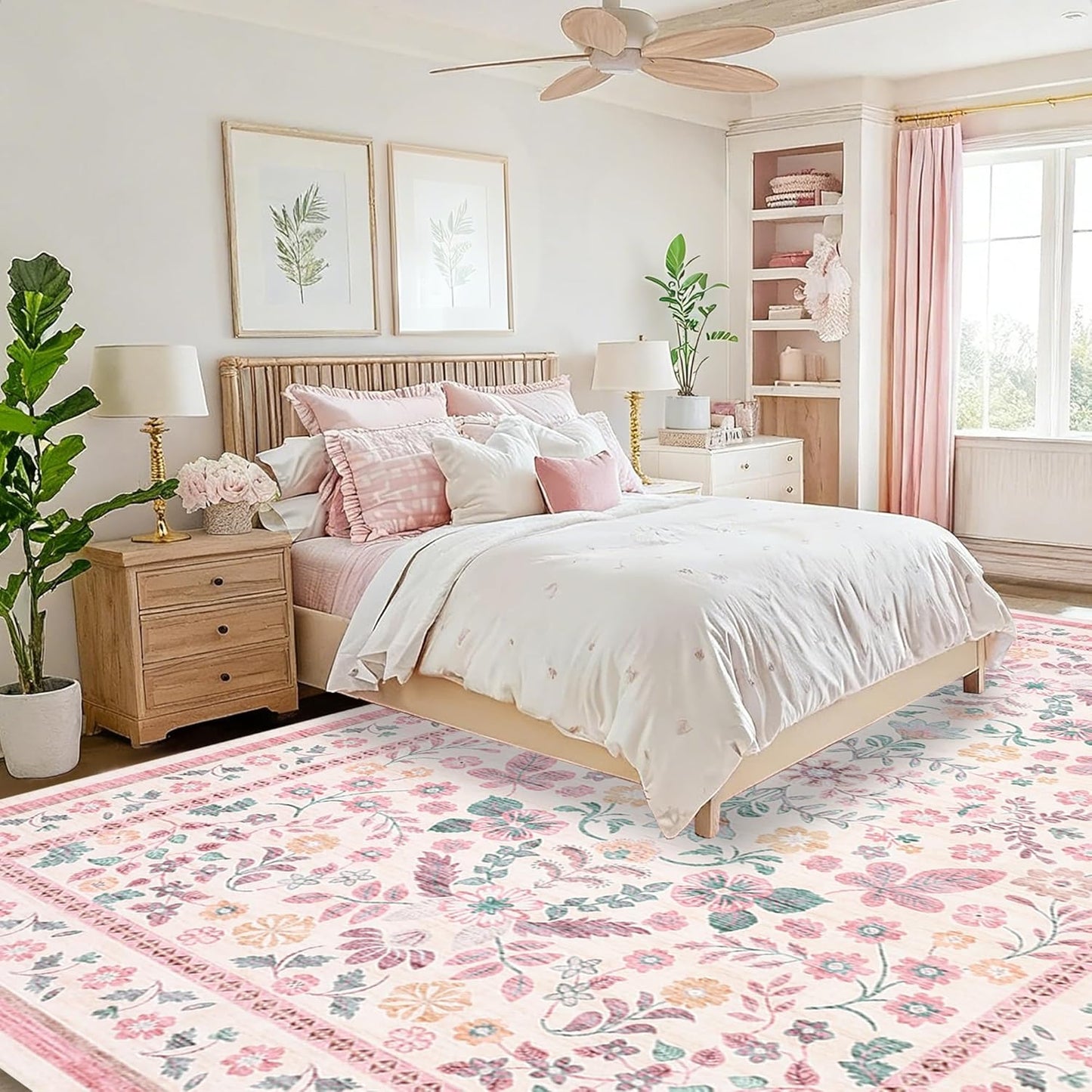 GarveeHome 10x14 Area Rugs for Living Room Machine Washable Floral Rugs Soft Stain Resistant Non-Slip Backing Low Pile Floor Carpet for Bedroom Girls Room Farmhouse Pink