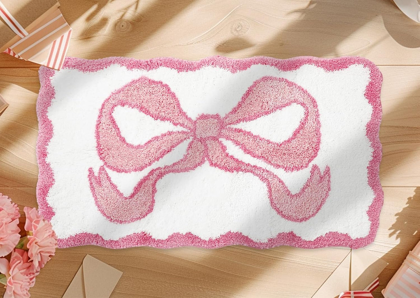 JarThenaAMCS Valentine Scalloped Bow Bathroom Rug Absorbent Pink Cute Bowknot Tufted Bath Mat Non Slip Washable Shower Rug for Coquette Home Bedroom Preppy Room Decor, 19.7 x 35.4 Inch