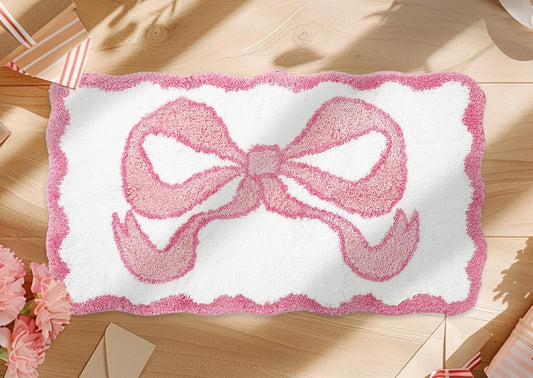 JarThenaAMCS Valentine Scalloped Bow Bathroom Rug Absorbent Pink Cute Bowknot Tufted Bath Mat Non Slip Washable Shower Rug for Coquette Home Bedroom Preppy Room Decor, 19.7 x 35.4 Inch