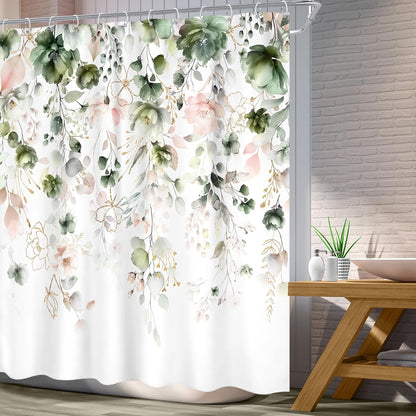 Green Pink Floral Flower Shower Curtain 72Wx72L Inch Spring Summer Rustic Eucalyptus Leaves Pastel Wildflower Plant Botanical Pretty Bathroom Set Bath Curtain Bathtub Accessories Home Decor