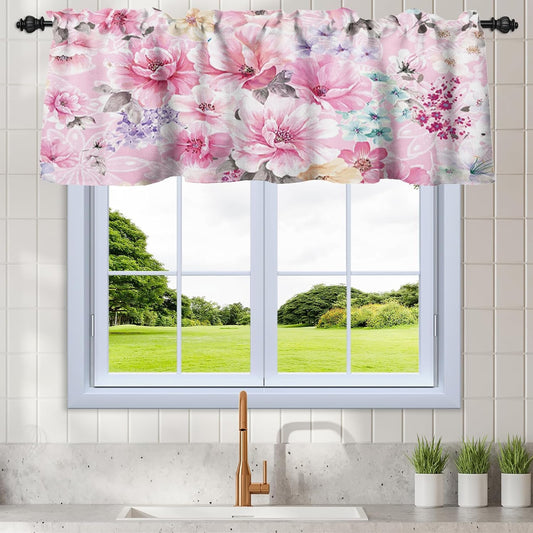 Renaiss 52x18 Inch Pink Floral Kitchen Valance Curtain Peony Elegant Flower Window Treatment Light Filtering Short Cafe Curtain for Bathroom Farmhous Rustic Home Decor Rod Pocket Linen Texture