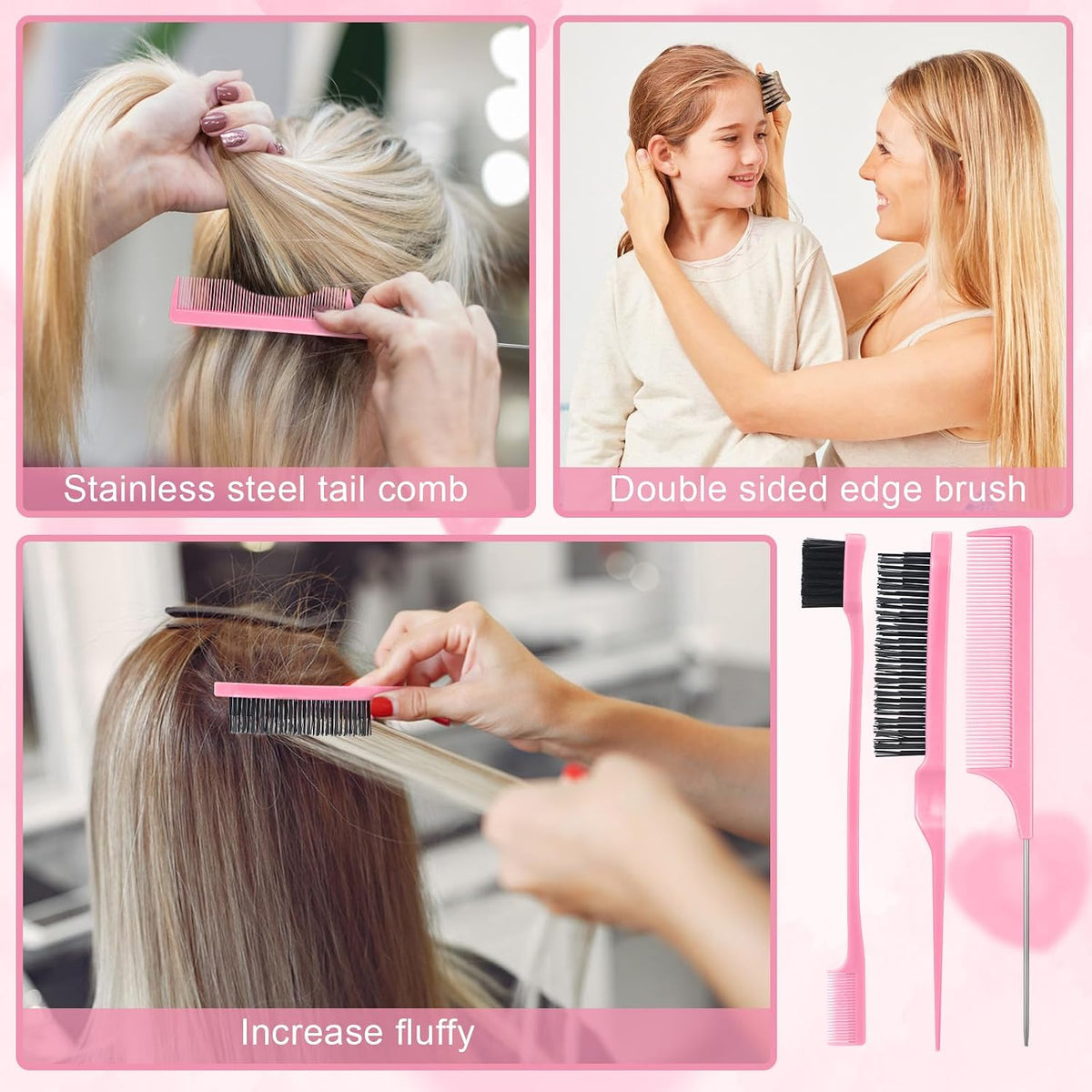15 Pcs Slick Back Hair Brush Set, Bristle Hair Brush with Spray Bottle,Hair Clip,Edge Brush for Women, Men(Pink)
