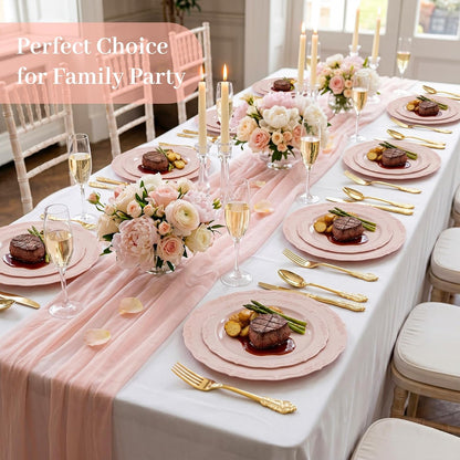 DaYammi 150Pcs Pink Plastic Plates & Gold Plastic Silverware,Pink Disposable Plates for Party Include 30 Dinner Plate,30 Dessert Plate,30 Gold Forks and 30 Spoons, 30 Knives for Wedding Bridal Shower