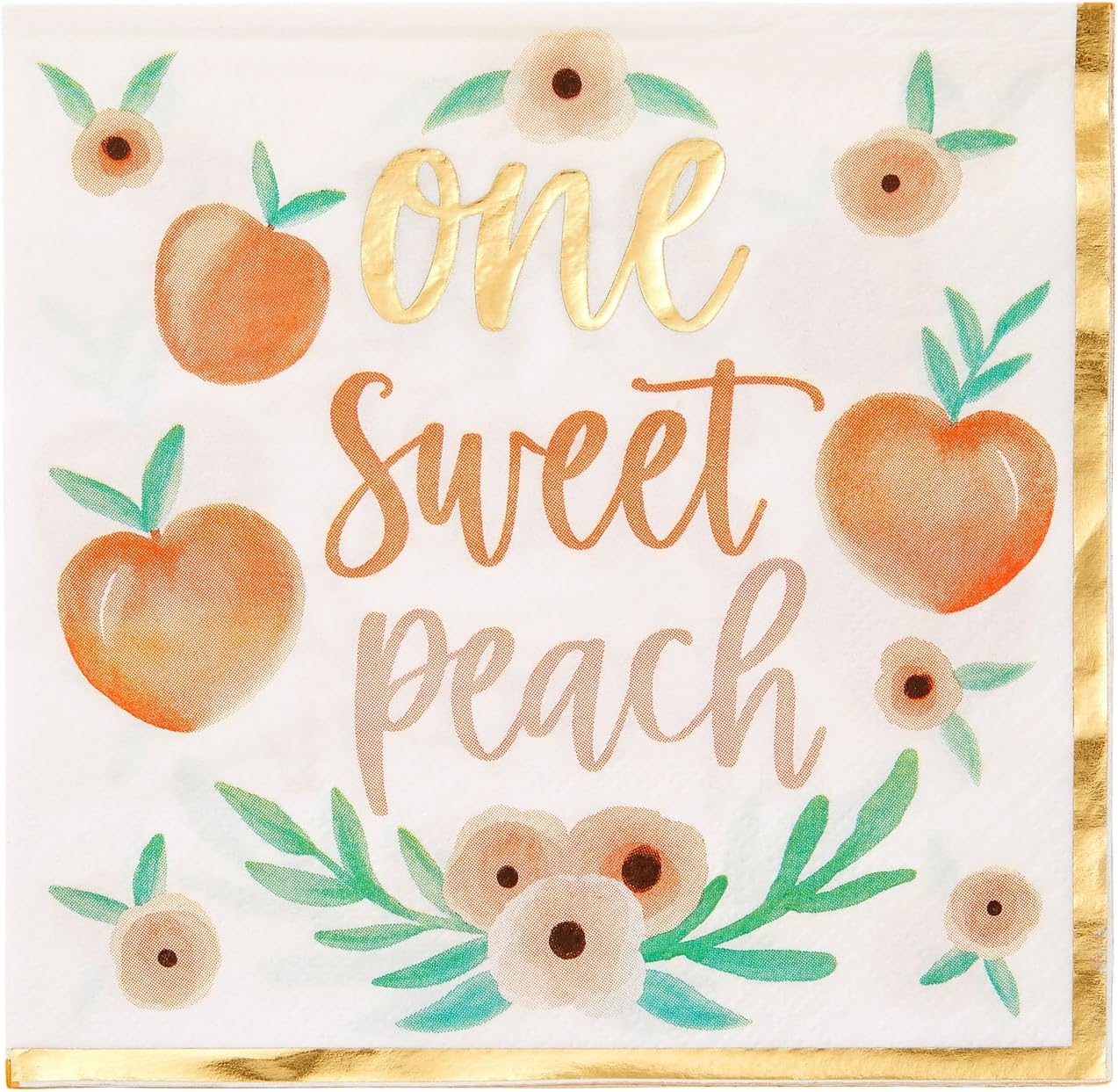 Sparkle and Bash Peach Paper Napkins - 6.5 x 6.5 In, 50 Pack, 1-Ply - Gold Border & Floral Design Napkins for Peach Baby Shower & Birthday Party Napkins