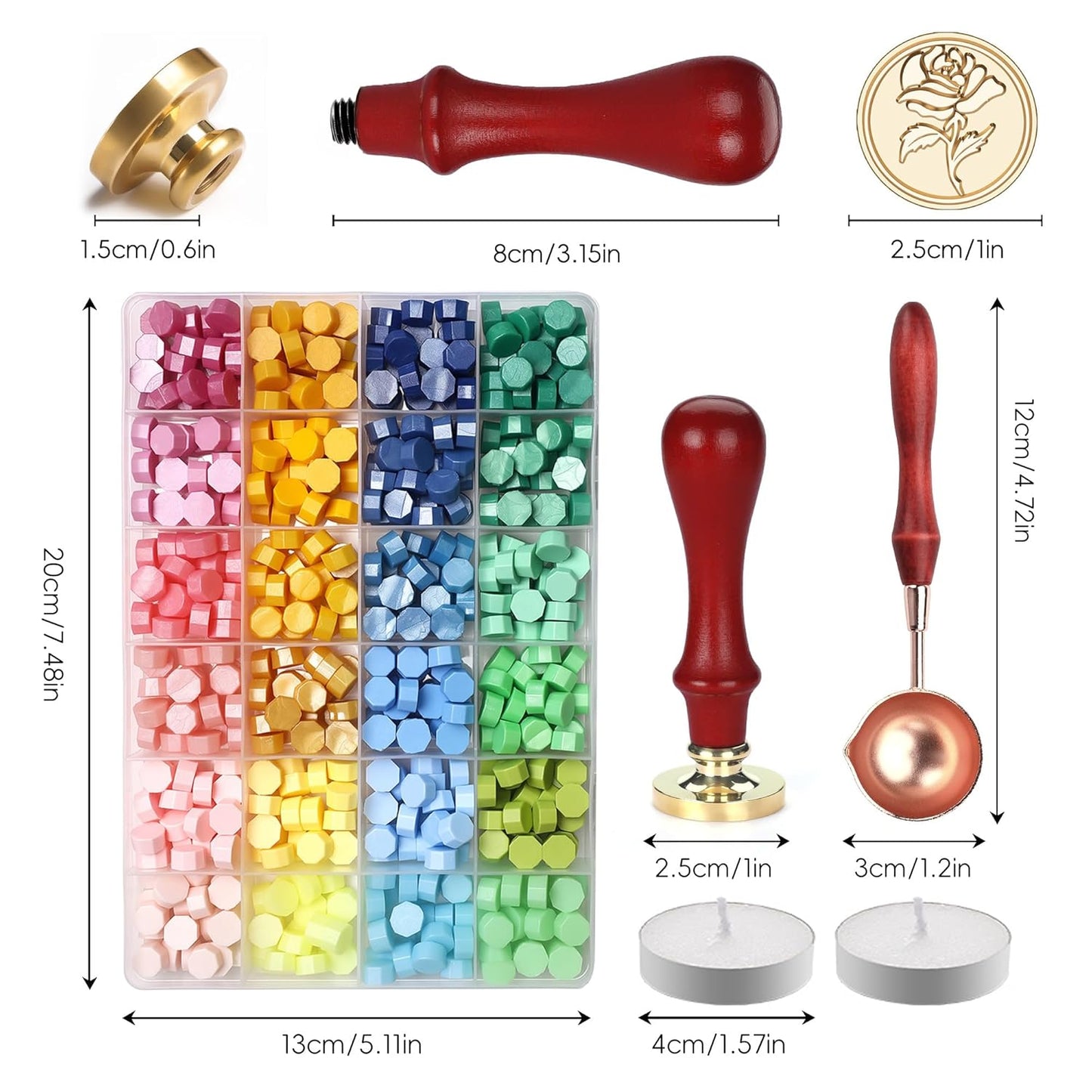 Wax Seal Stamp Kit, 600Pcs 24-Color Sealing Wax Beads Set with Brass Stamp and Spoon, Sealing Wax Kit for Wedding Invitations, Birthday Cards, DIY Crafts (Pink, Yellow, Blue and Green Series)
