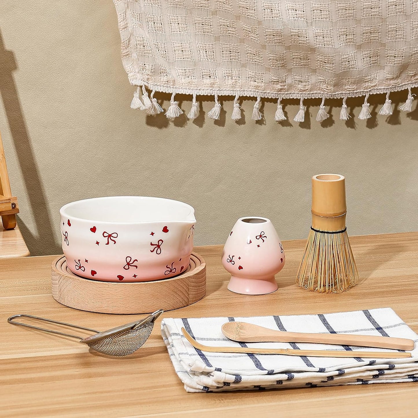 Koythin 6-Piece Ceramic Matcha Whisk Set, Cute Bow-Heart Matcha Bowl Set for Ceremony Tea-Lovers, Unique Tea Making Kit with Whisk Holder Scoop Two Bowls (Gradient Pink White)