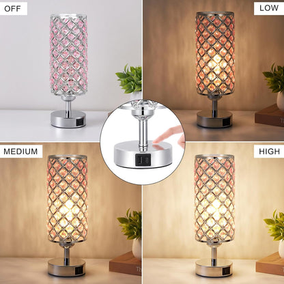 Hong-in Crystal Table Lamp, Pink Touch Lamp with USB C+A Ports, 3 Way Dimmable Bedroom Light with Crystal Shade, Bedside Nightstand Small Lamp for Girl Bedroom, Living Room(Buld Included)