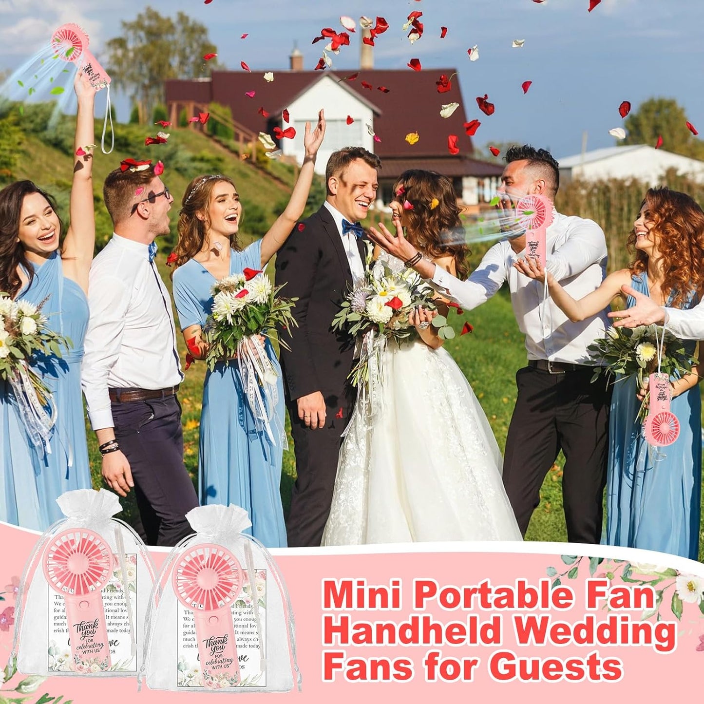 24 Set Wedding Mini Fans for Guests Portable Handheld Fans Thank You Cards Organza Bags with 1 Pcs Love Is Hot Wooden Table Sign Bridal Shower Favors for Summer Wedding Outdoor(Pink Rose)