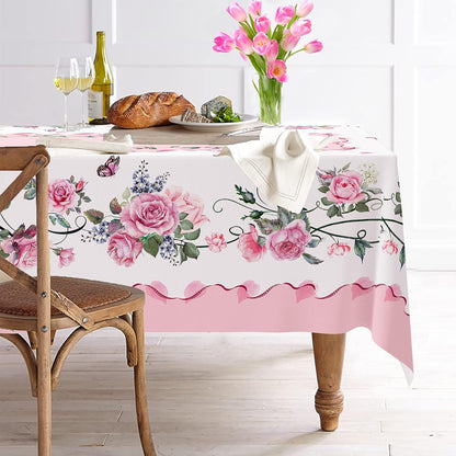 Yighty Pink Rectangle Tablecloth, Rose Flower Printed, Waterproof Floral 60x84inch, Suitable for Indoor and Outdoor, Holiday Kitchen Restaurant and Party