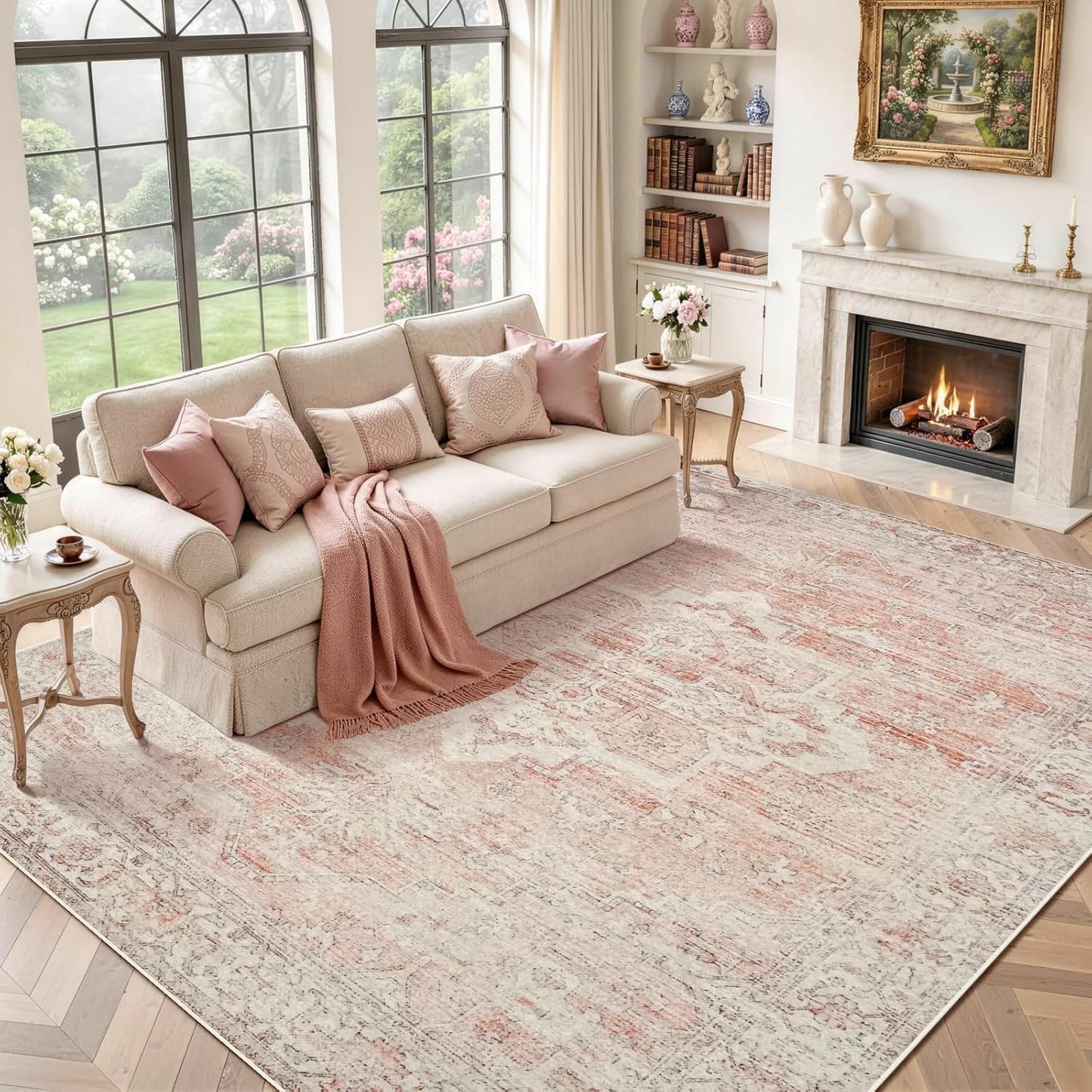 Pink Rug 5x7 for Living Room - Machine Washable Stain Resistant Area Rug for Girls Bedroom Dinning Room - Soft Faux Wool Non Slip Low Pile Carpet for Kids Nursery Room Home Office