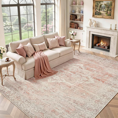 Pink Rug 5x7 for Living Room - Machine Washable Stain Resistant Area Rug for Girls Bedroom Dinning Room - Soft Faux Wool Non Slip Low Pile Carpet for Kids Nursery Room Home Office