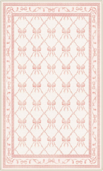 GENIMO Area Rugs 3X5 for Living Room Bedroom, Machine Washable Non Slip Flower Bow Rug, Low Pile Soft Cute Floral Rug for Dining Room Girls Room Nursery Room and Playroom, Pink Bow