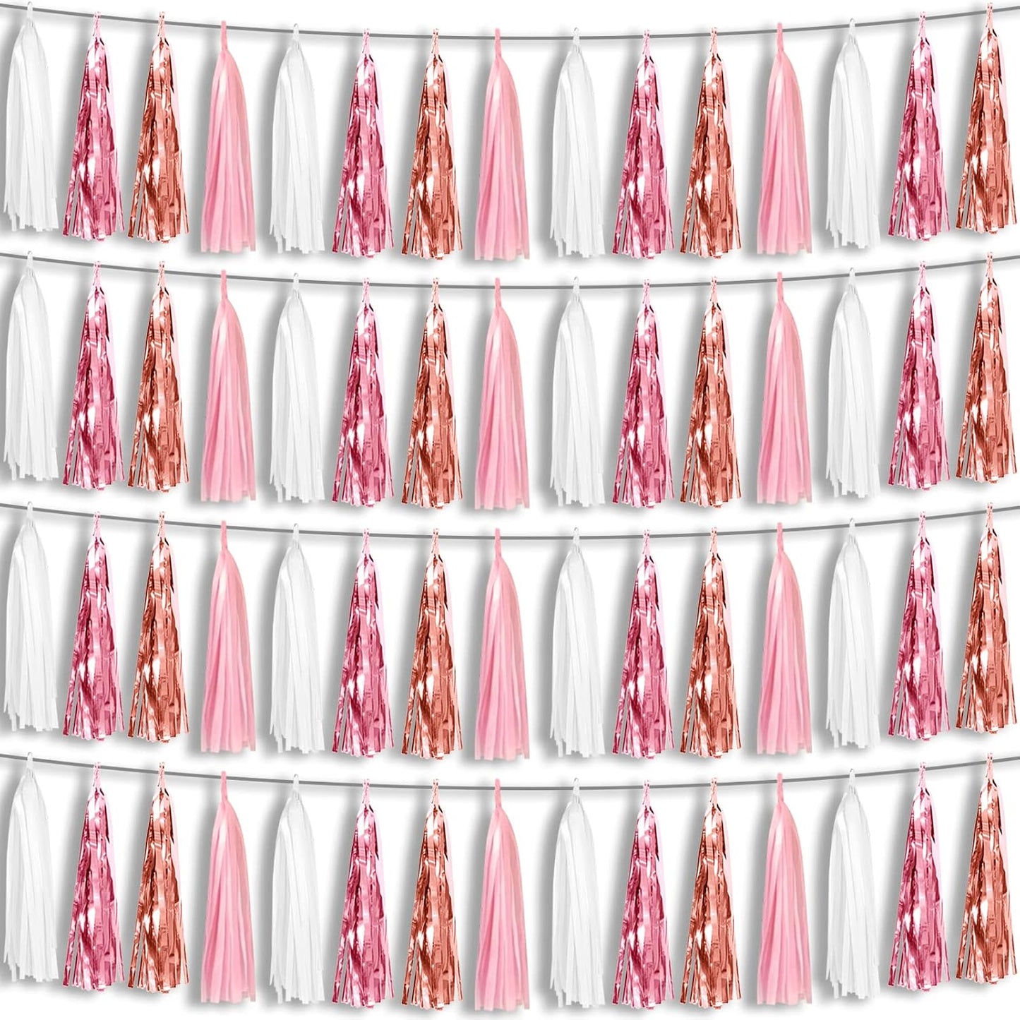 4P Pink White Peach Rose Gold Tassels Party Tassel Garland Banner, Tassels Banner Streamers for Parade Floats, Bachelorette, Wedding, Birthday, Christmas, Bridal/Baby Shower Party Decorations