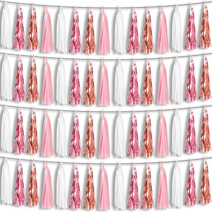 4P Pink White Peach Rose Gold Tassels Party Tassel Garland Banner, Tassels Banner Streamers for Parade Floats, Bachelorette, Wedding, Birthday, Christmas, Bridal/Baby Shower Party Decorations