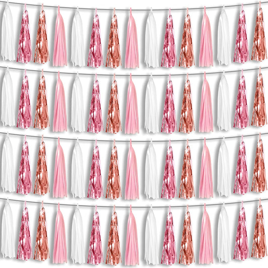 4P Pink White Peach Rose Gold Tassels Party Tassel Garland Banner, Tassels Banner Streamers for Parade Floats, Bachelorette, Wedding, Birthday, Christmas, Bridal/Baby Shower Party Decorations