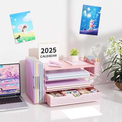 gianotter Wood Desk Organizers and Accessories with File Holder, 4-Tier Desk Accessories & Workspace Organizers with Drawer and Pen Holder, Desk Reference Organizer (Pink, 4T with Drawer)