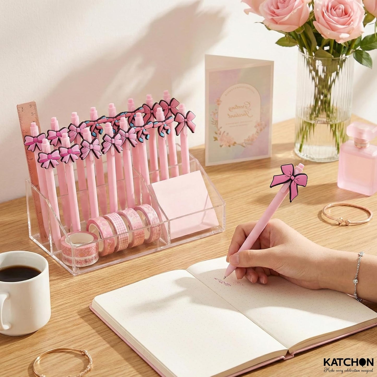 KatchOn, 24Pcs Bow Pens Coquette Pink Retractable Writing Pen Bulk Birthday Bow Party Favor for Baby Shower Bridal Shower Spring Wedding Tea Party Office School Back To School Supplies