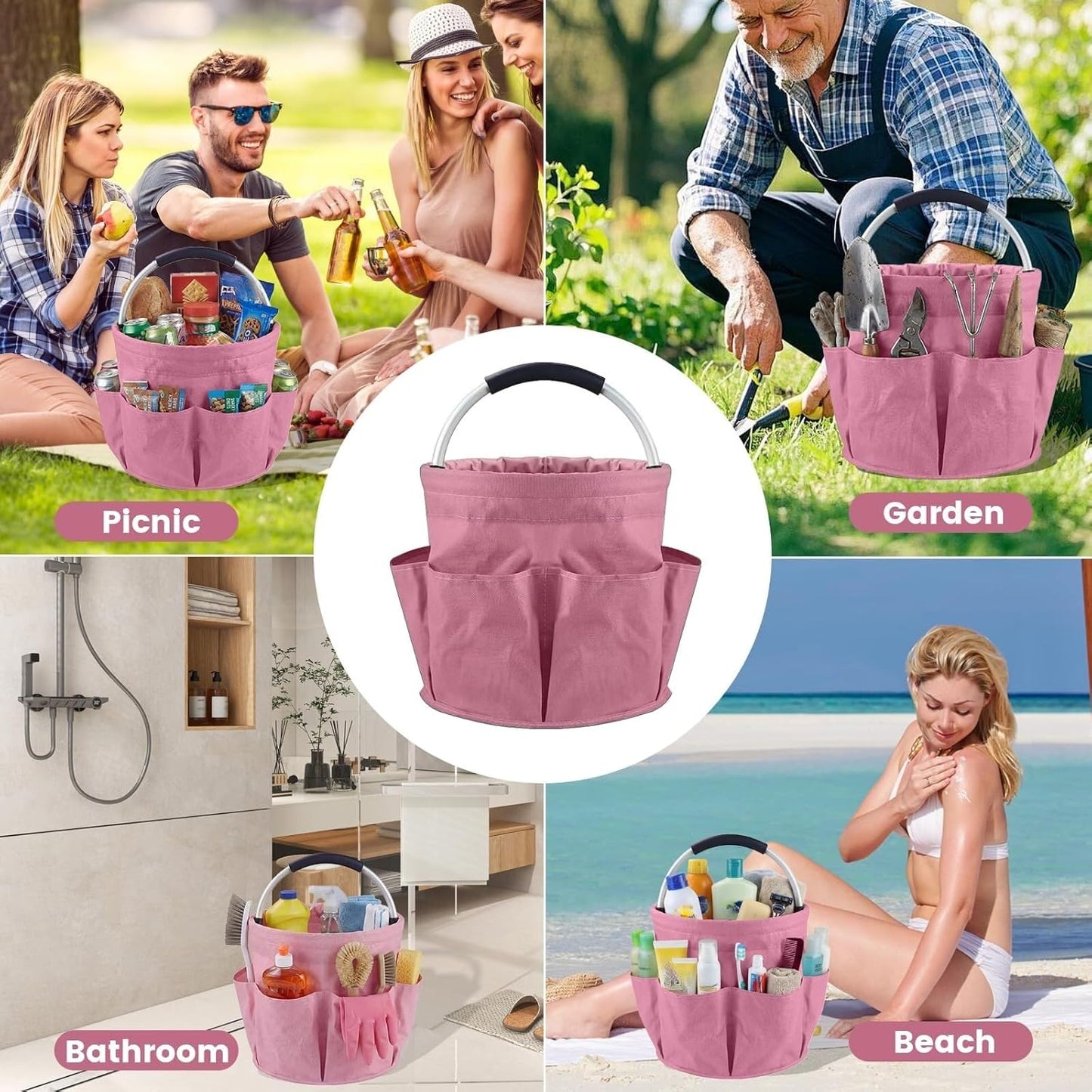 17L Foldable Cleaning Caddy with Handled - Heavy Duty Oxford Fabric Storage Bucket, Portable Organizer for Home, Garden, Beach & Picnic(Pink)