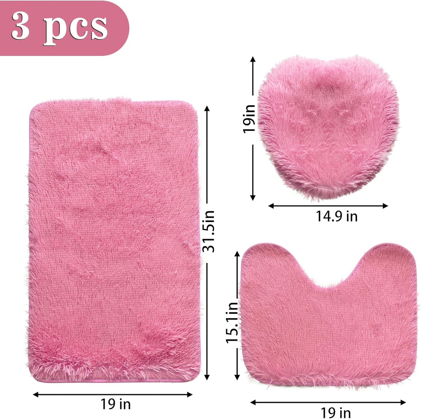 Pink Bathroom Rugs Sets 3Piece Bath Mat Solid Bath Rug Floor Mats Washable Shower Rug with U-Shaped Contour Rug Toilet Lid Cover