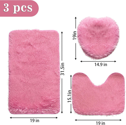 Pink Bathroom Rugs Sets 3Piece Bath Mat Solid Bath Rug Floor Mats Washable Shower Rug with U-Shaped Contour Rug Toilet Lid Cover