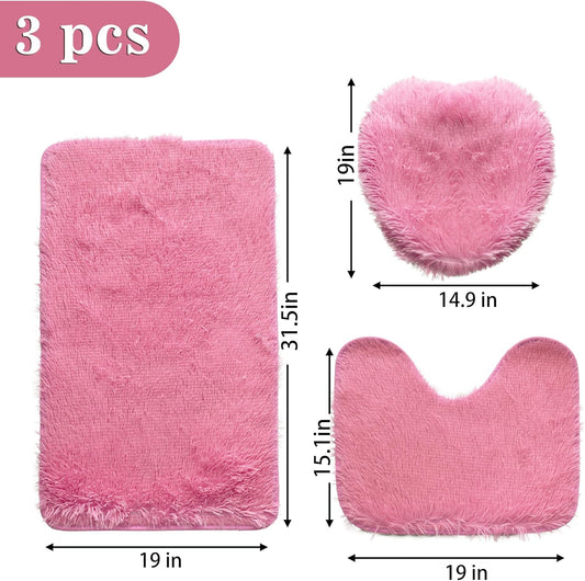 Pink Bathroom Rugs Sets 3Piece Bath Mat Solid Bath Rug Floor Mats Washable Shower Rug with U-Shaped Contour Rug Toilet Lid Cover