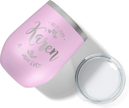 Personalized Wine Tumblers, 12 oz Light Pink, 12 Designs, Stainless Steel Custom Wine Tumblers, Double-Wall, Vacuum Insulated, Personalized Gifts for Women