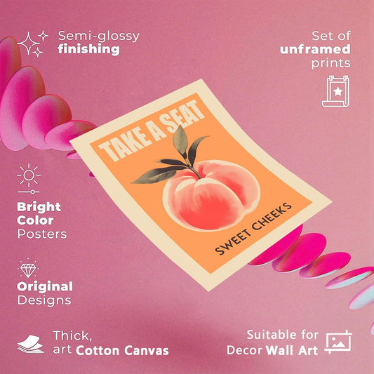 Funny Pink Peach Wall Art Vintage Take A Seat Sweet Cheeks Canvas Posters Delicious Food Fruits Prints Painting For Minimalist Preppy Bathroom Bedroom Dorm Wall Decor 12x16in Unframed
