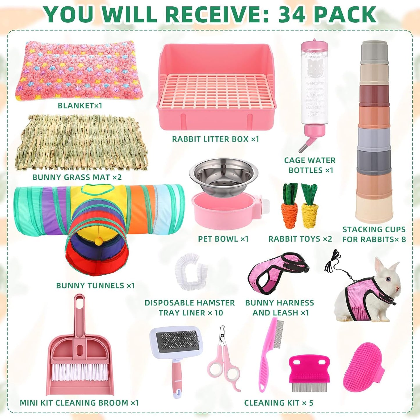 34 Pcs Rabbit Starter Kit Rabbit Litter Box Small Animal Water Bottle Cups Bunny Tunnels Animal Grooming Kit Bowl Blanket with Cleaning Set for Guinea Pig Bunny(Style 1,Light Pink)
