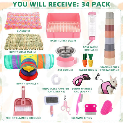 34 Pcs Rabbit Starter Kit Rabbit Litter Box Small Animal Water Bottle Cups Bunny Tunnels Animal Grooming Kit Bowl Blanket with Cleaning Set for Guinea Pig Bunny(Style 1,Light Pink)