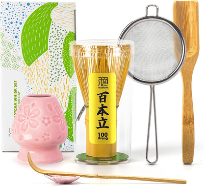 TEANAGOO Matcha Whisk Set,6-PCS Traditional Starter Set,100 Prongs Whisk with Pink Cherry Blossom Holder,Scoop(Chashaku),Tea Spoon,Bamboo Chasen,Ceremony Accessory,Gift for Friend/Family