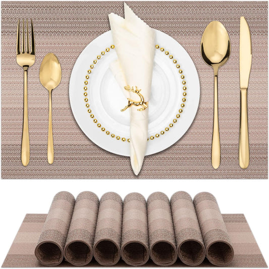 Winknowl Placemats Set of 8, Washable Vinyl Woven Placemats, Heat Resistant & Wipeable Table Mats for Kitchen Dining Table (Pink Gold)