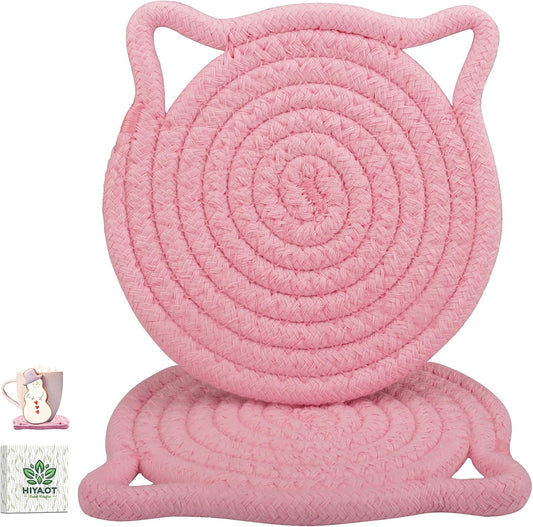 Cute Coasters for Desk Set of 2, Extra Large 4.8 in* 8mm, Absorbent Handmade Fabric Drink Coasters for Coffee & Tea - Fall House Warm Home Décor, Protect The Wooden Table (2 Pack-Cat-Blush Pink)