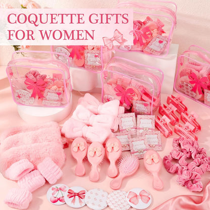 Honeydak 120 Pcs Pink Spa Sleepover Party Favors Coquette Bow Bracelets Eye Mask Wristband Scrunchie Spa Headband Mirror Hair Comb Bow Cards Claw Clips Bowknot Makeup Bags for Slumber Party Supplies