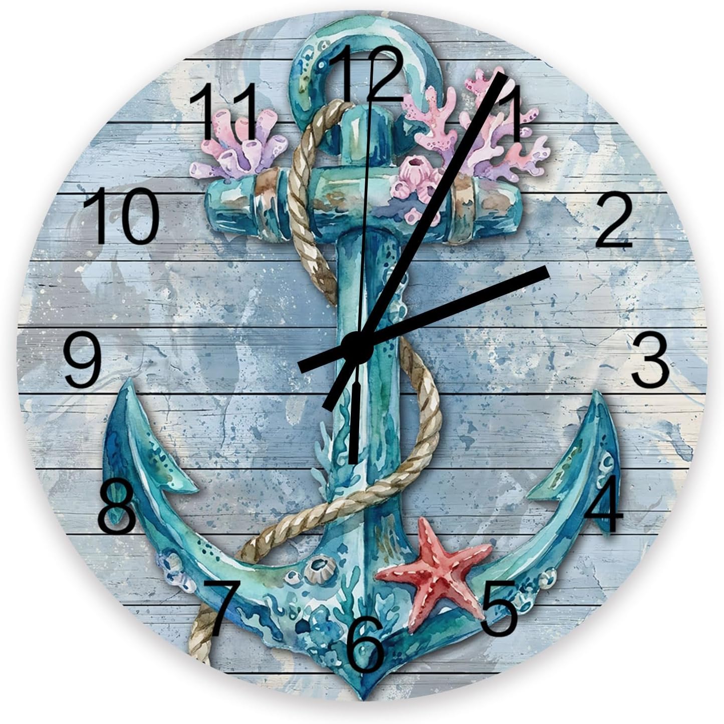 Nautical Anchor Wall Clock Silent Non Ticking Retro Pink Coral Coastal Starfish Teal Blue Large Wall Clocks Battery Operated Decor for Home Kitchen Living Room Bathroom Office School Bedroom, 10 Inch
