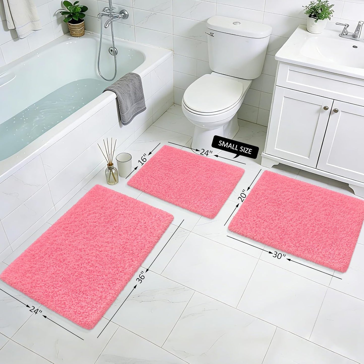 Bathroom Rugs 24"x17", Pink Extra Soft Absorbent Bath Mat, Rubber Backing Quick Dry, Machine Washable Microfiber Bath Rugs for Bathroom Floor, Shower, Bedroom, Tu