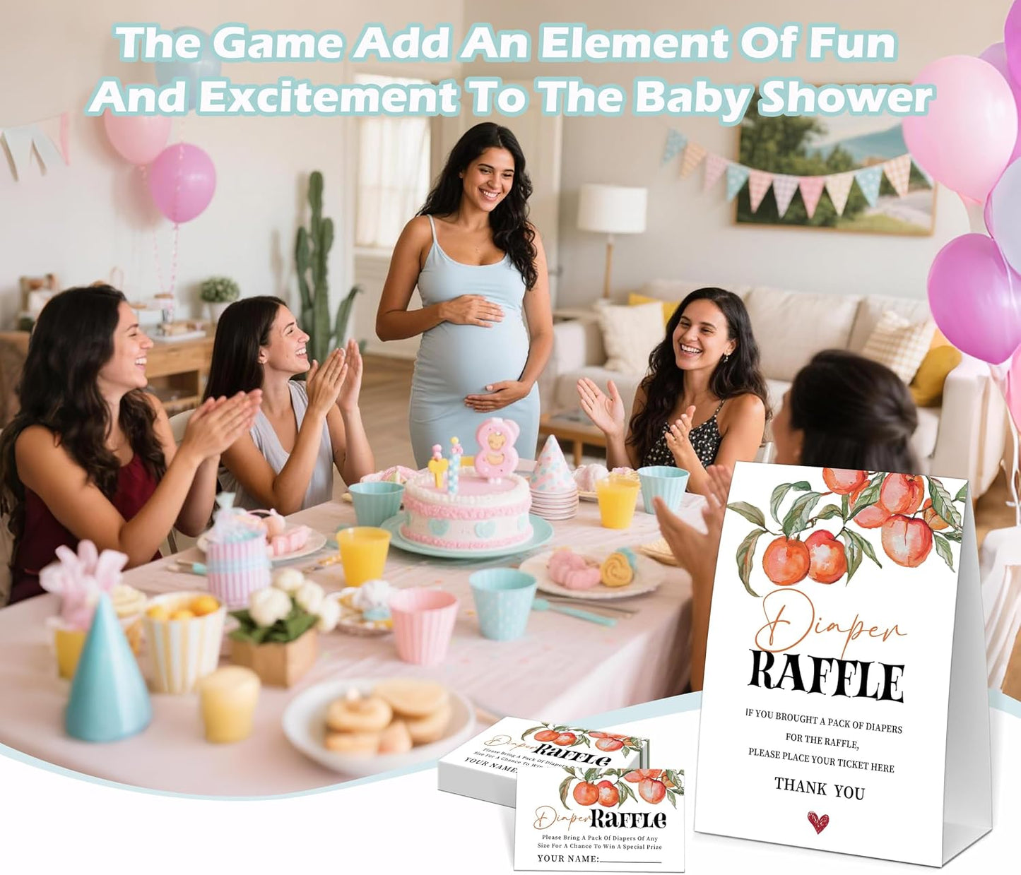 Peach Baby Shower Diaper Raffle, Baby Shower Game, Include One 5×7 Sign and 50 Diaper Raffle Tickets, Sweet Peach Gender Reveal Party Decoration Supplies - FG14