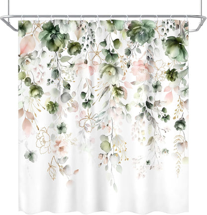 Green Pink Floral Flower Shower Curtain 72Wx72L Inch Spring Summer Rustic Eucalyptus Leaves Pastel Wildflower Plant Botanical Pretty Bathroom Set Bath Curtain Bathtub Accessories Home Decor