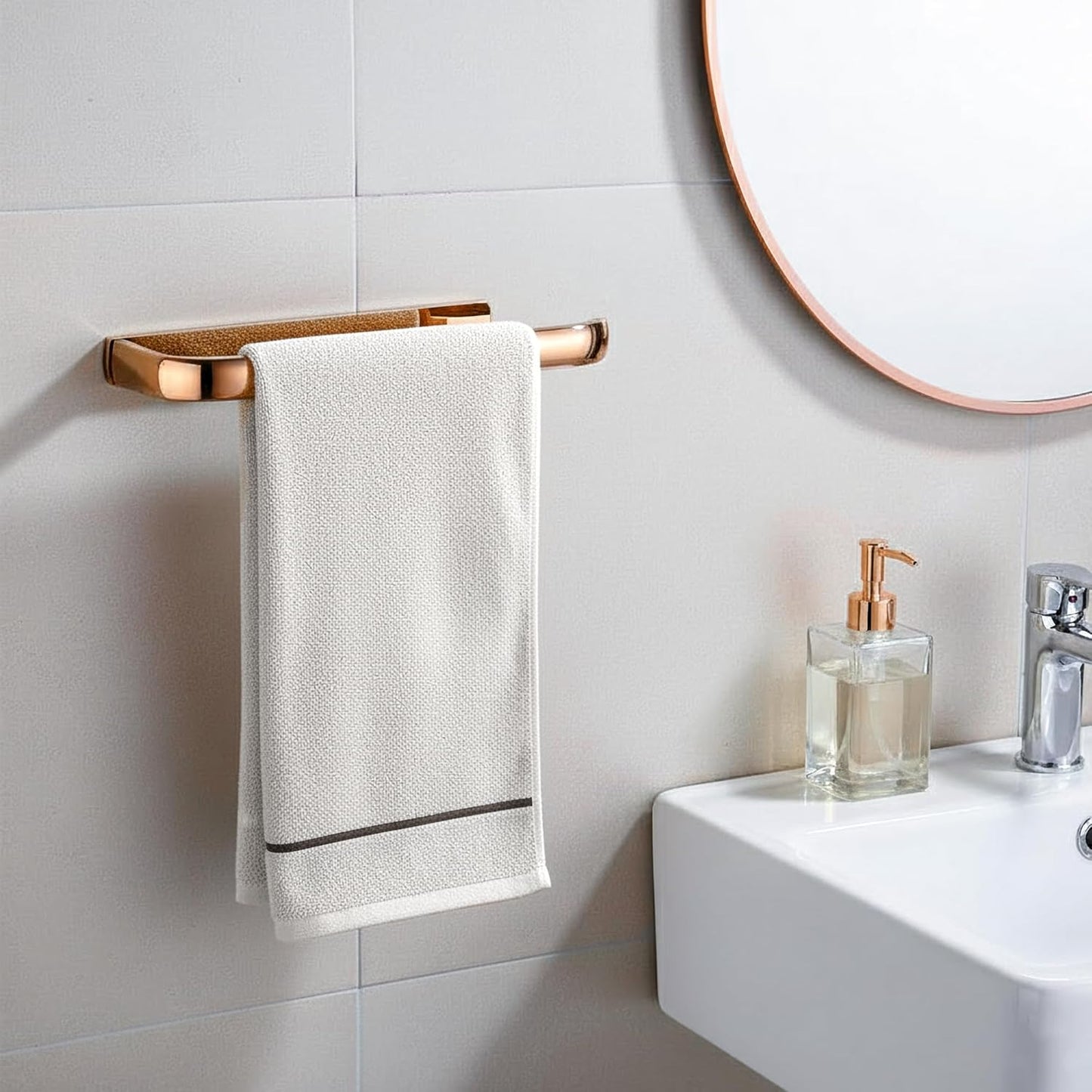 Rose Gold Hand Towel Bar Holder – Wall Mounted Towel Rack, Under Cabinet Kitchen Rust Proof Brushed Brass Bar, European-Style Polished Decor Bathroom Hardware Accessory (Copper, 1 Pack)