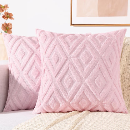 decorUhome Summer Couch Throw Pillow Covers 18x18 Set of 2, Decorative Soft Plush Faux Fur Wool Accent Pillow Covers for Modern Farmhouse Bed Sofa Living Room, Light Pink