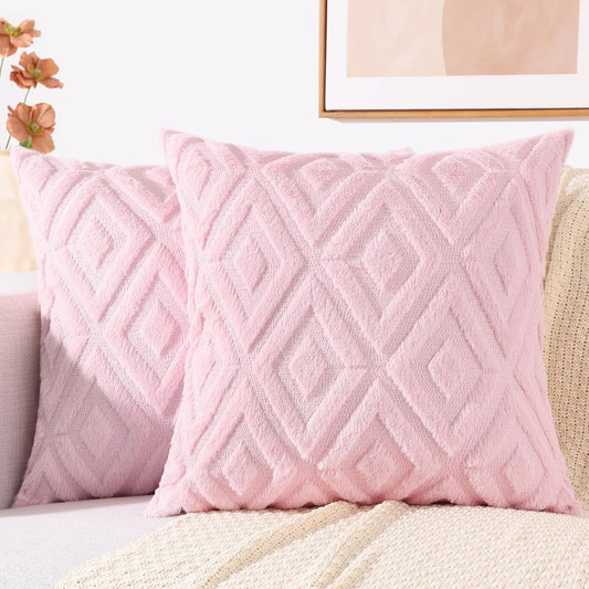 decorUhome Summer Couch Throw Pillow Covers 18x18 Set of 2, Decorative Soft Plush Faux Fur Wool Accent Pillow Covers for Modern Farmhouse Bed Sofa Living Room, Light Pink