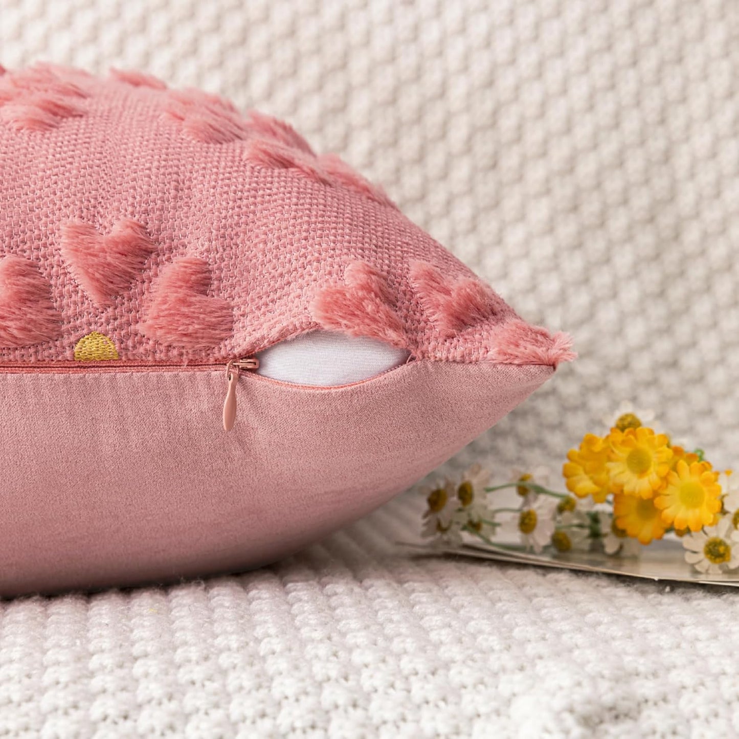 AQOTHES Spring Summer Pink Throw Pillow Covers 18x18 inch Set of 2 Flower Floral Faux Fur Cute Throw Pillows for Sofa Couch Living Room Decor