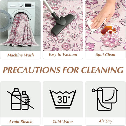 Area Rugs for Living Room, Washable 5x7 Area Rug for Bedroom, Floral Non-Slip Carpet for Nursery Home Office Dorm Dining Room Kitchen, Pink and White