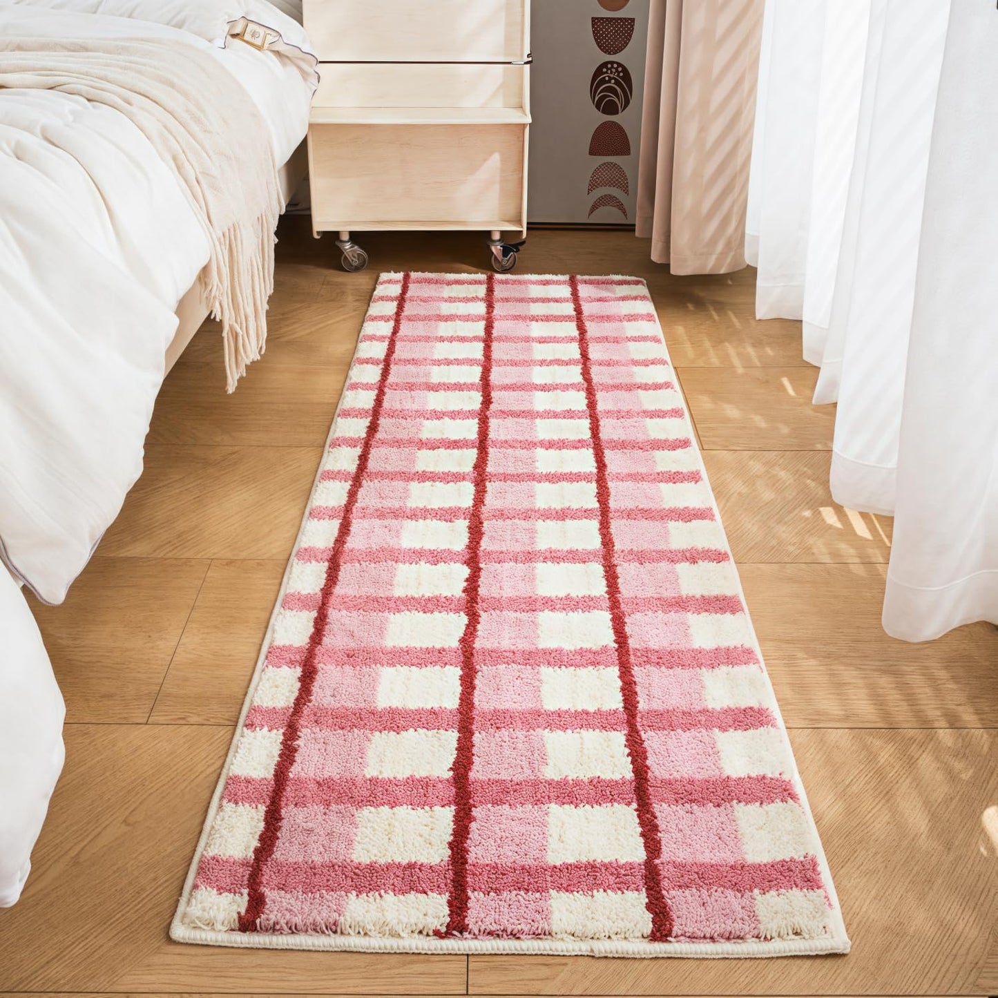 GIB Bathroom Runner Rug Mat 63" x 20", Extra Soft Absorbent Plush Fluffy Bath Rugs, Non-Slip Washable Bath Mats for Bathroom Floor Shower Bedroom Decor, Soft Pink & Cream Checkered with Red Accents